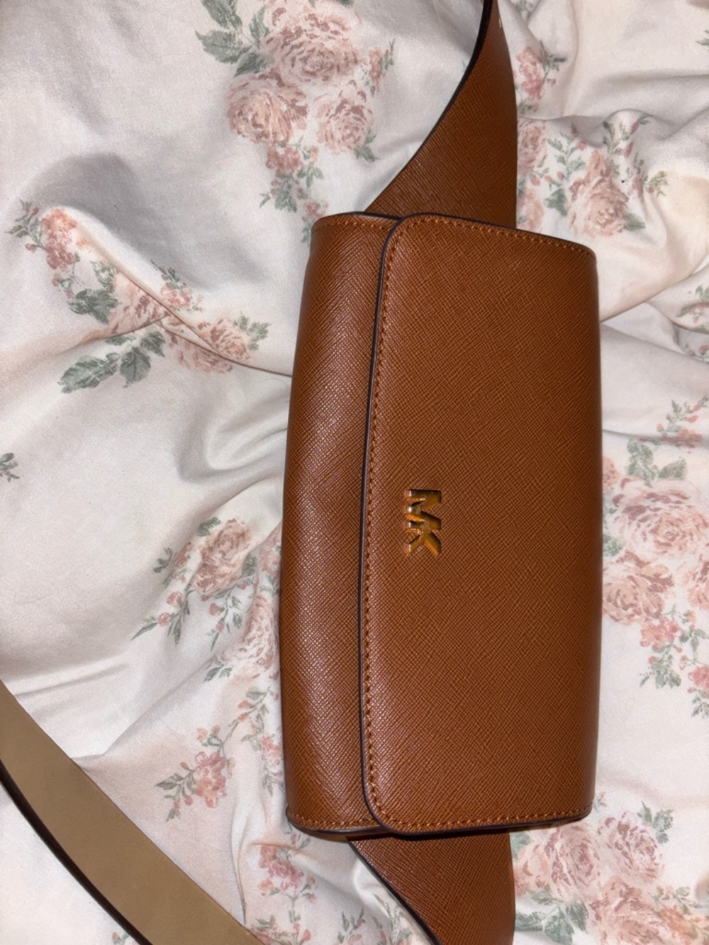 Michael Kors Tan Leather Saffiano Belt Bag with Gold Logo. New